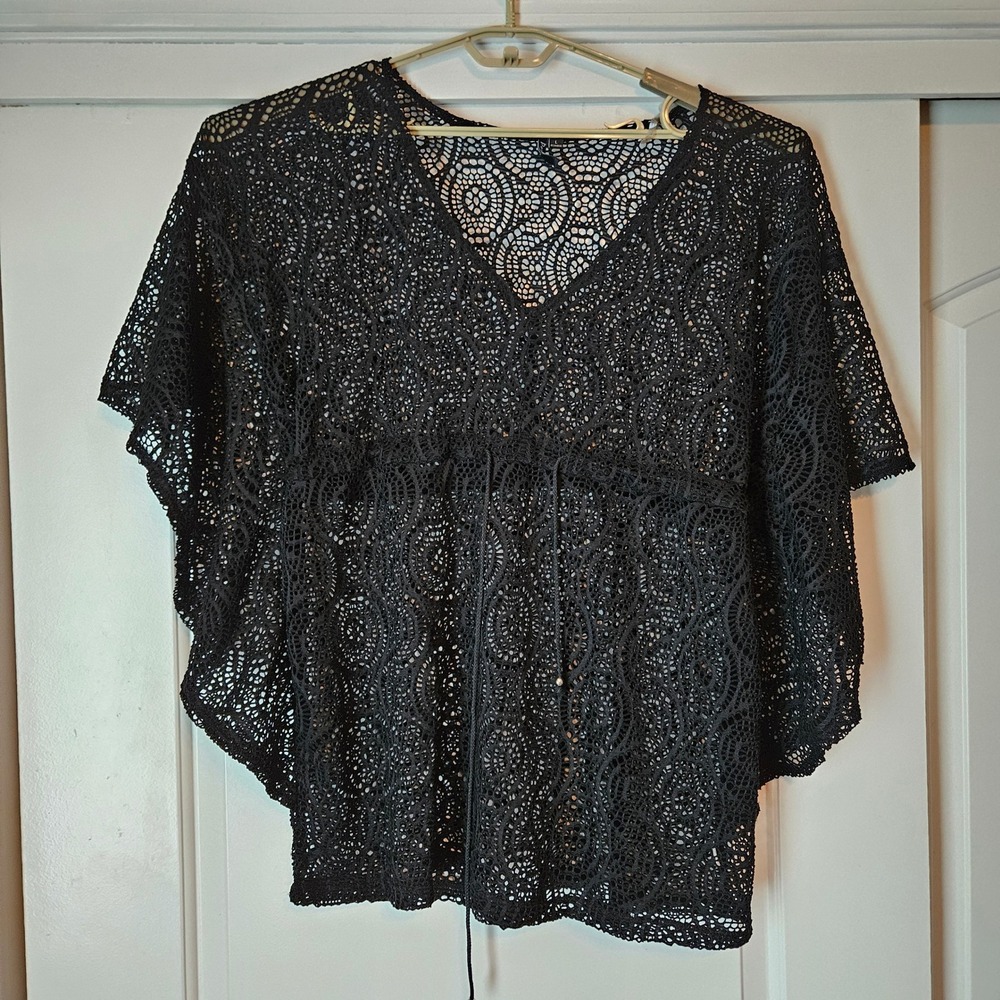 Black Crochet Lace‎ Swim Cover Up Large V-Neck Butterfly Sleeve Beach Portocruz